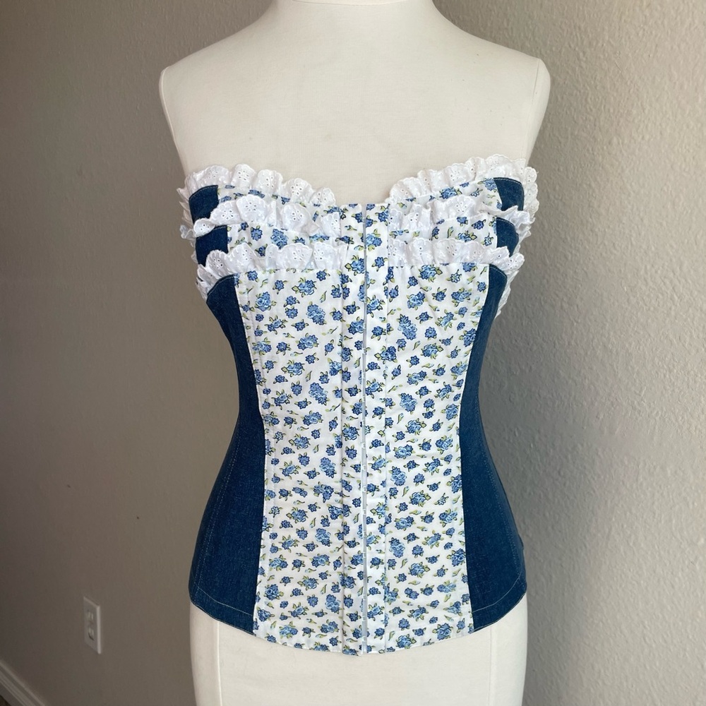 Vintage Y2K Victoria's Secret Blue Floral Denim Corset Cottagecore